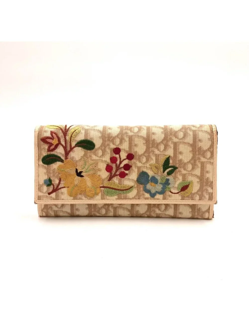 Dior Trotter Flower Embroidered Leather Light Beige Wallet Silver